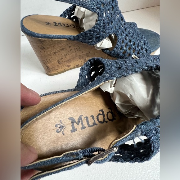 MUDD blue demon Woven Peep Toe Platform Cork Wedge Sandals, size 8 1/2 - Picture 7 of 9